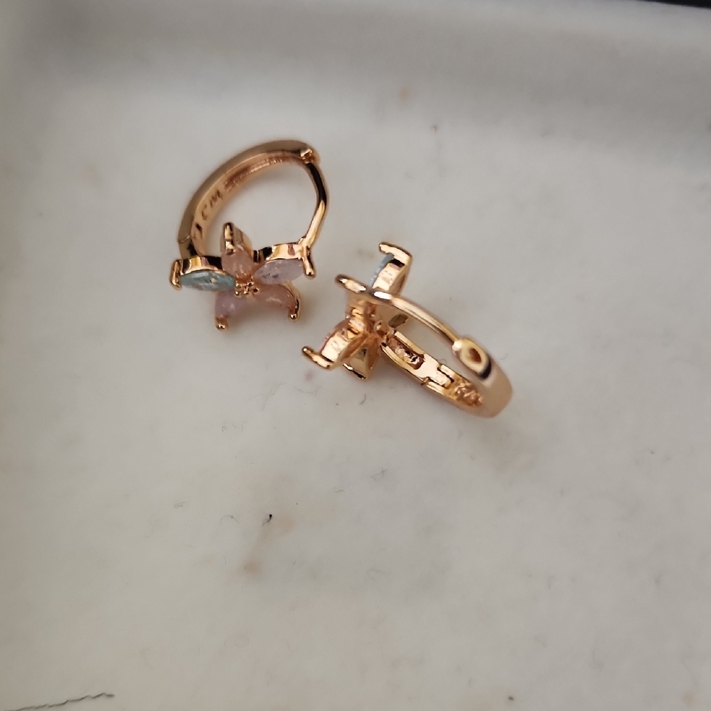Elegant Gold Plated and Pink Gemstone Huggies Earrings Costume Jewelry - Picture 3 of 3